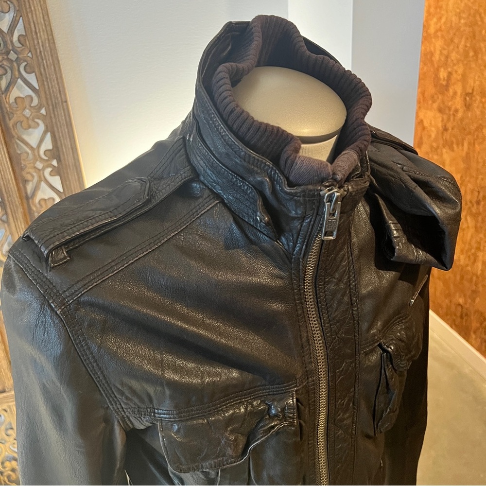 Superdry Men's Brown Leather Hooded Jacket with Red Lining - Picture 7 of 8
